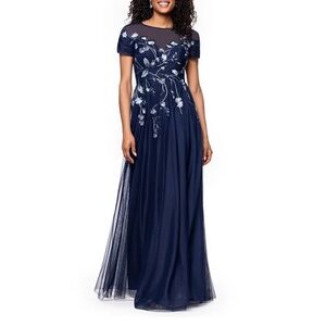 Mesh Short Sleeve Floral Sequin Embroidered A-Line Gown